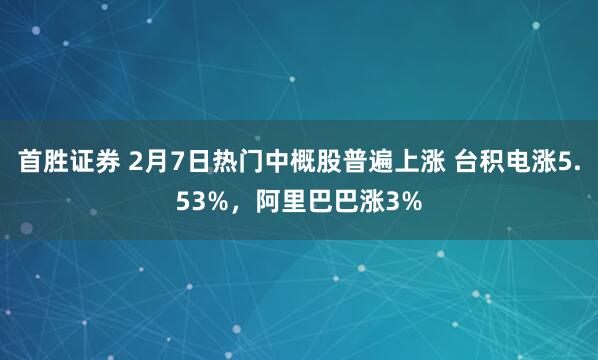 首胜证券 2月7日热门中概股普遍上涨 台积电涨5.53%，阿里巴巴涨3%